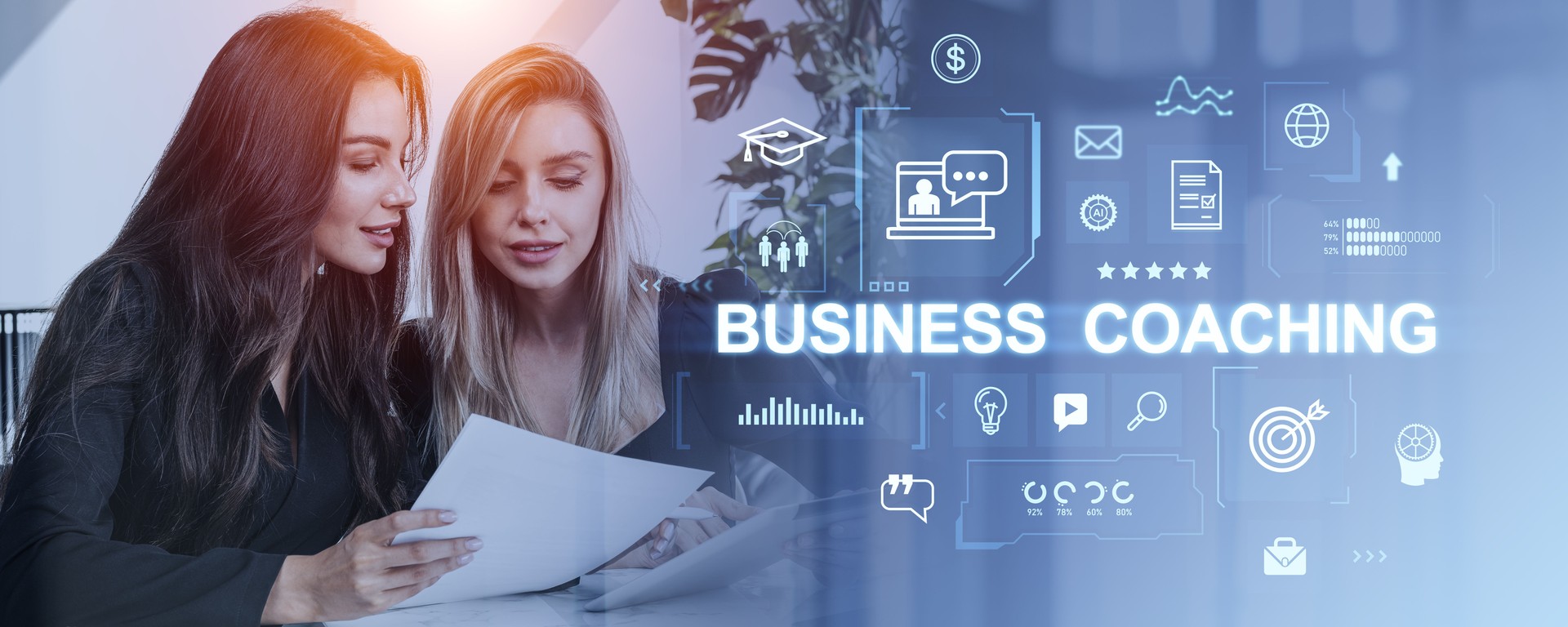 Business people teamwork and coaching icons hologram hud